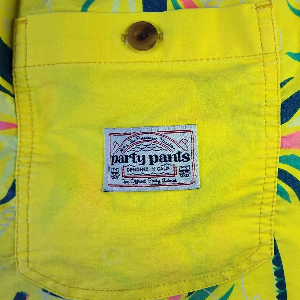 Party Pants Swim Trunks Mens Large Yellow Tropical‎ Palm Print Excellent